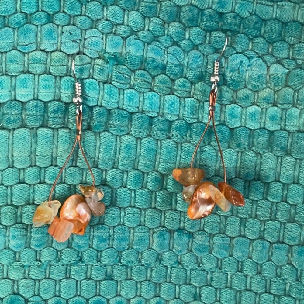 Shell and stone hanging loop earrings, amber and coral warm tones
